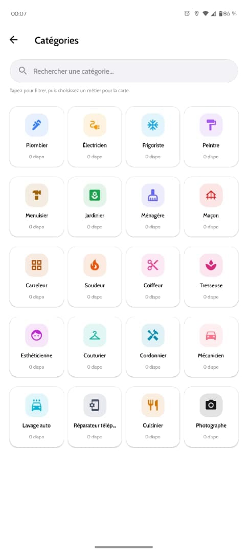 Catégories de services sur SIRA